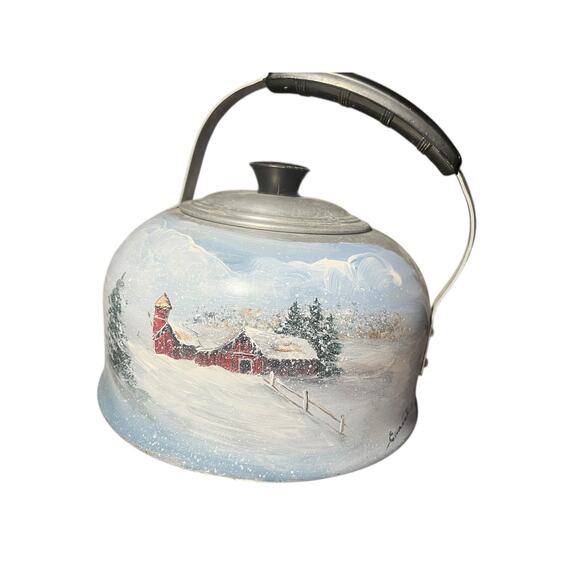 Hand Painted Vintage Teapot With Winter & Fall Scenery 9.25” Diameter - Picture 3 of 8